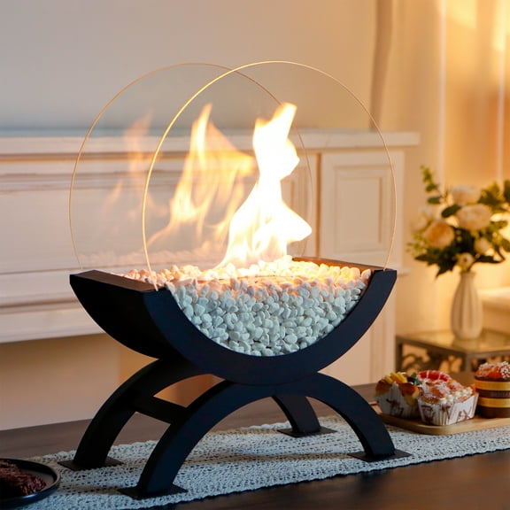 Round Glass Large Tabletop Fireplace 19" H Portable Fire Bowl Pot Clean Burning Bio Ethanol Ventless Fireplace for Indoor Outdoor Patio Parties Events(Black)