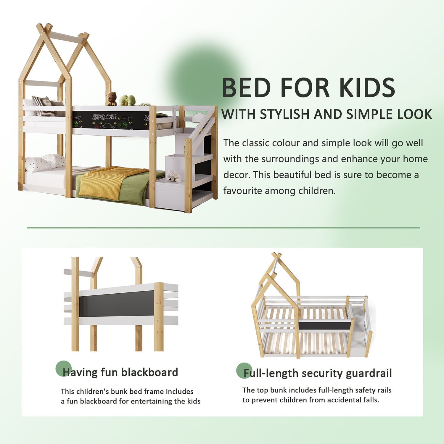 Spaco Bunk Bed Frame with Storage Stairs, House Bunk Bed Twin Over Twin for Boys Girls, Kids, White and Natural Spaco Bunk Bed Frame with Storage Stairs, House Bunk Bed Twin Over Twin for Boys Girls, Kids, White and Natural