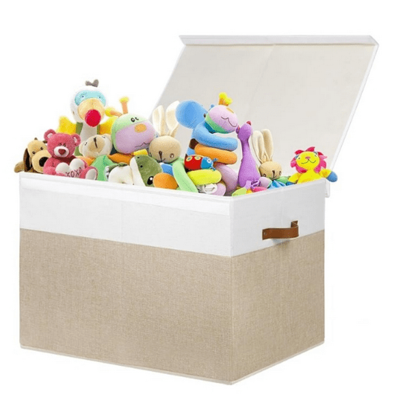 Large Toy Storage Box with Lid,  Toys Storage Chest Bin Organizer Basket with Dividers for Kids, Boys, Girls, Nursery, Closet, Bedroom, Playroom 26"x17" x17" (Beige and White)