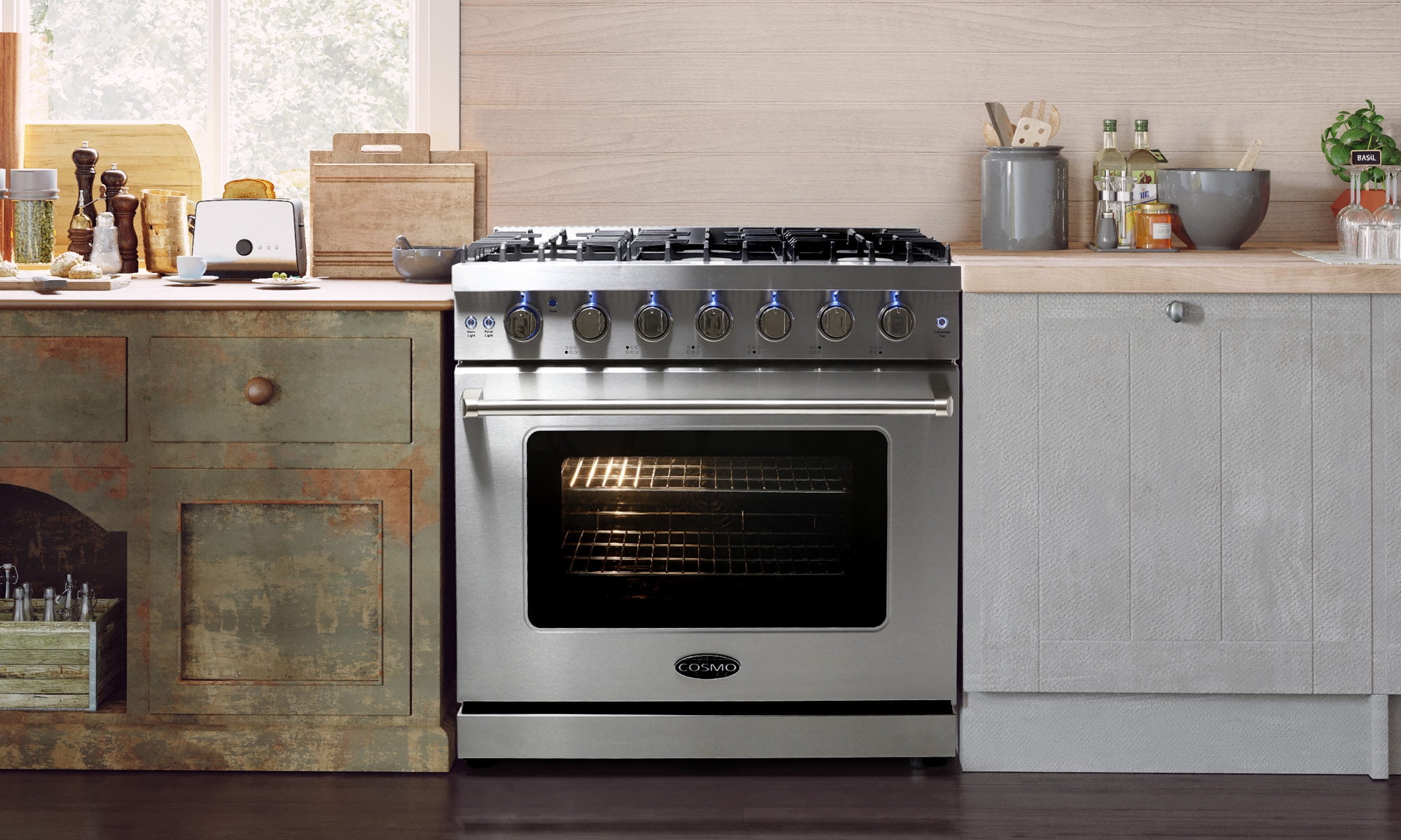Cosmo 3 Piece Kitchen Appliance Packages with 36" Freestanding Gas Range Kitchen Stove 36" Wall Mount Range Hood & 48 Bottle Freestanding Wine Refrigerator Kitchen Appliance Bundles