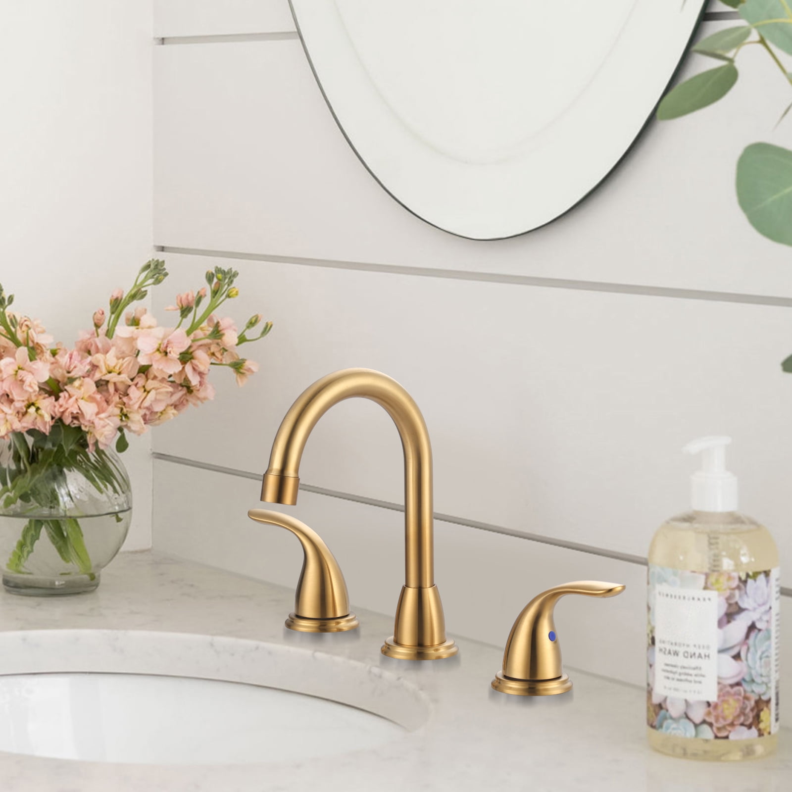 Wowow 2-Handle 6" and 8" Widespread Gold Lavatory Faucet with Supply Hoses & Drain Assembly
