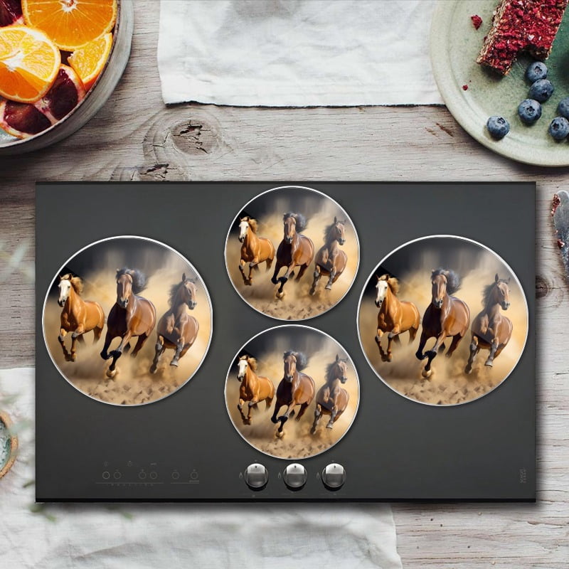 BaHomeck Electric Stove Burner Covers Set of 4,Round Metal Gas Stove Burner Covers 8 Inch and 10 Inch,Kitchen Decor,Horses Running Through The Desert Dust Billowing Behind Them
