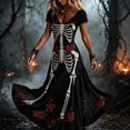 thumbnail image 2 of Ovbmpzd Plus Size Halloween Dresses for Women Plus Size Maxi Black Bone Print A-Line Dresses Flowy Short Sleeve V Neck Dresses,XXXXXL, 2 of 5
