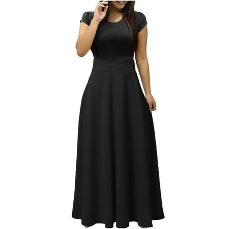 Womens Short Sleeve Maxi Dresses Summer Casual Crew Neck Dress Solid Long Dress Loose Fit Lounge Dresses