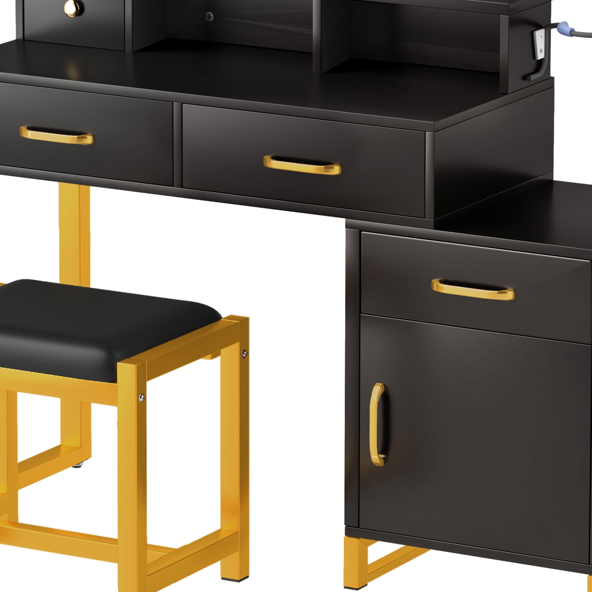 DEXTRUS Vanity Table Set with Adjustable 3 Lighting Color Options Power Outlet Large, Black