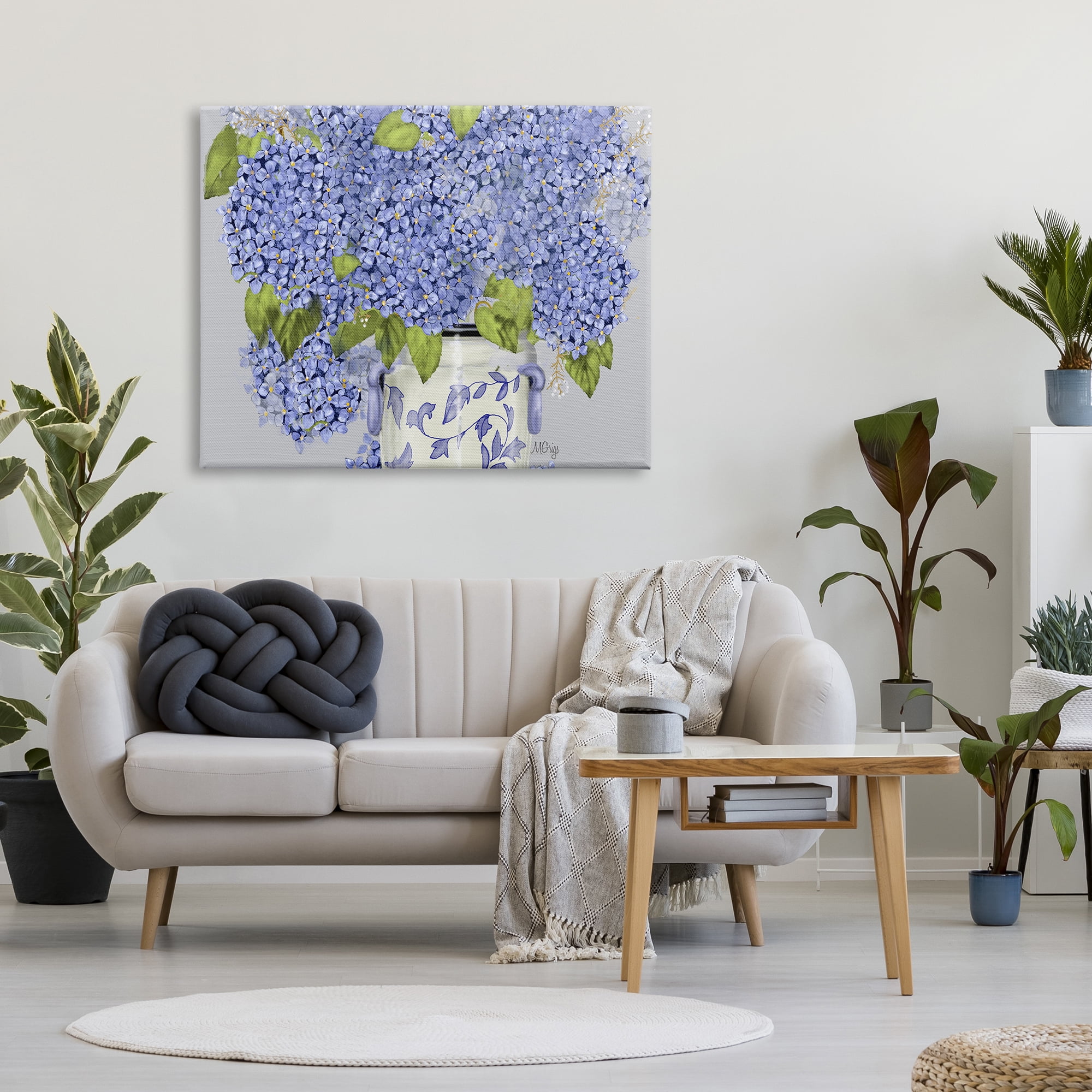 Stupell Industries Blue Hydrangea Bunches Ornate Patterned Vase Still Life, 48 x 36, Design by Maureen Grigs