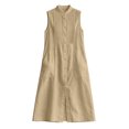 thumbnail image 5 of Women Solid Sleeveless Pleated Midi Dress, Front Button Split Flowy Long Dress, Summer Casual Vacation Sundress Khaki XL(XL), 5 of 6