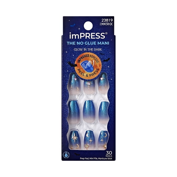 Kiss Impress Press On Nails Short, Halloween, ‘Fatal Spell’, Blue, Medium Coffin, 30 Count