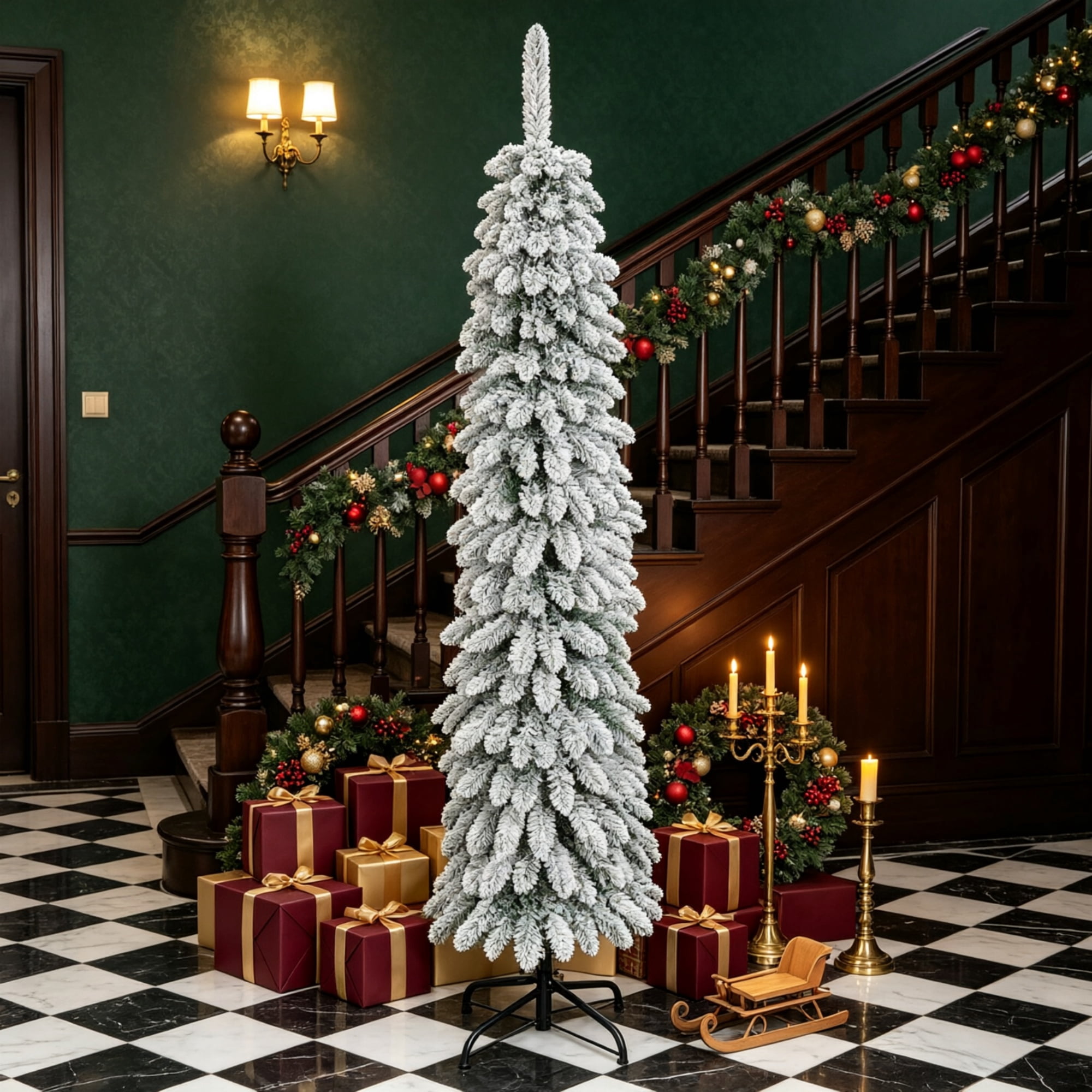 Astoutdoor 5 ft Slim Pencil Artificial Christmas Tree, Snow-Flocked, 301 Branch Tips, Green, Indoor Use