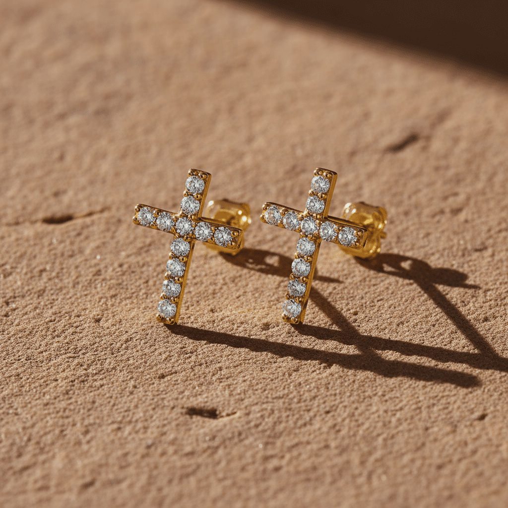 Vinali 14K Solid Yellow Gold Cz Tiny Cross Stud Earrings