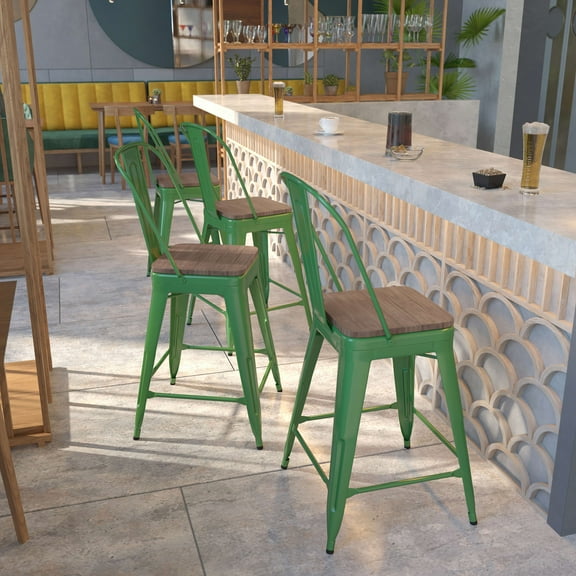 Flash Furniture 4 Pk. 24" High Green Metal Counter Height Stool with Back and Wood Seat
