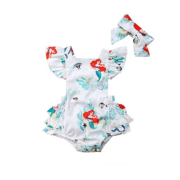 ZINTAOZT Infant Baby Girls Summer Mermaid Romper with Hair Band Set, Sleeveless Ruffle Back Straps Jumpsuit Outfit 0-24M