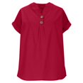 thumbnail image 6 of Linen Shirts for Women Casual V Neck Button Down Blouses Short Sleeve Office Work Tops Loose Vacation Tees Shirt Red S, 6 of 7