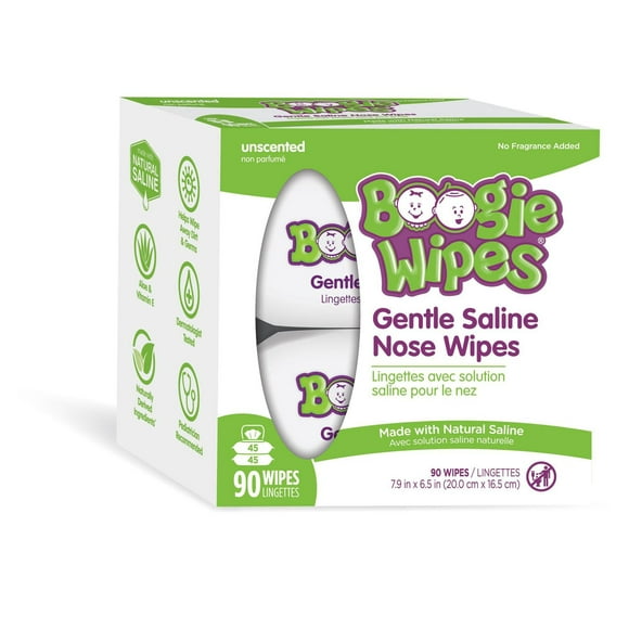 Boogie Wipes Gentle Saline Nose Wipes for stuffy noses - Unscented, 90 Count