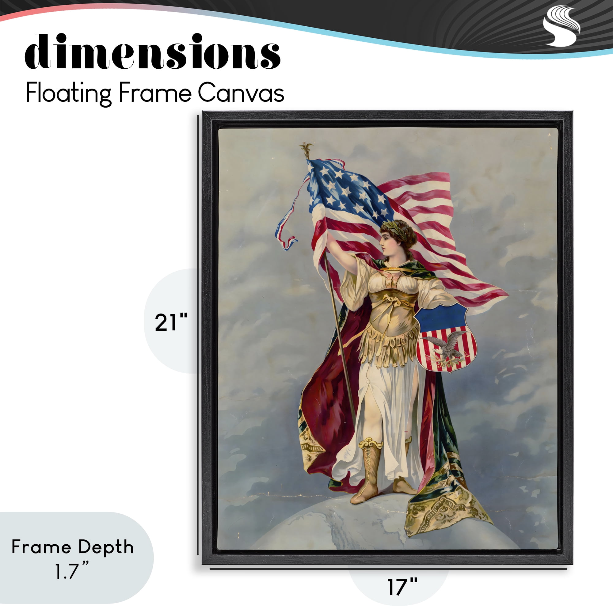 Stupell Industries Columbia Standing with American Flag Black Framed Floater Canvas Wall Art, design by Arlington Prints