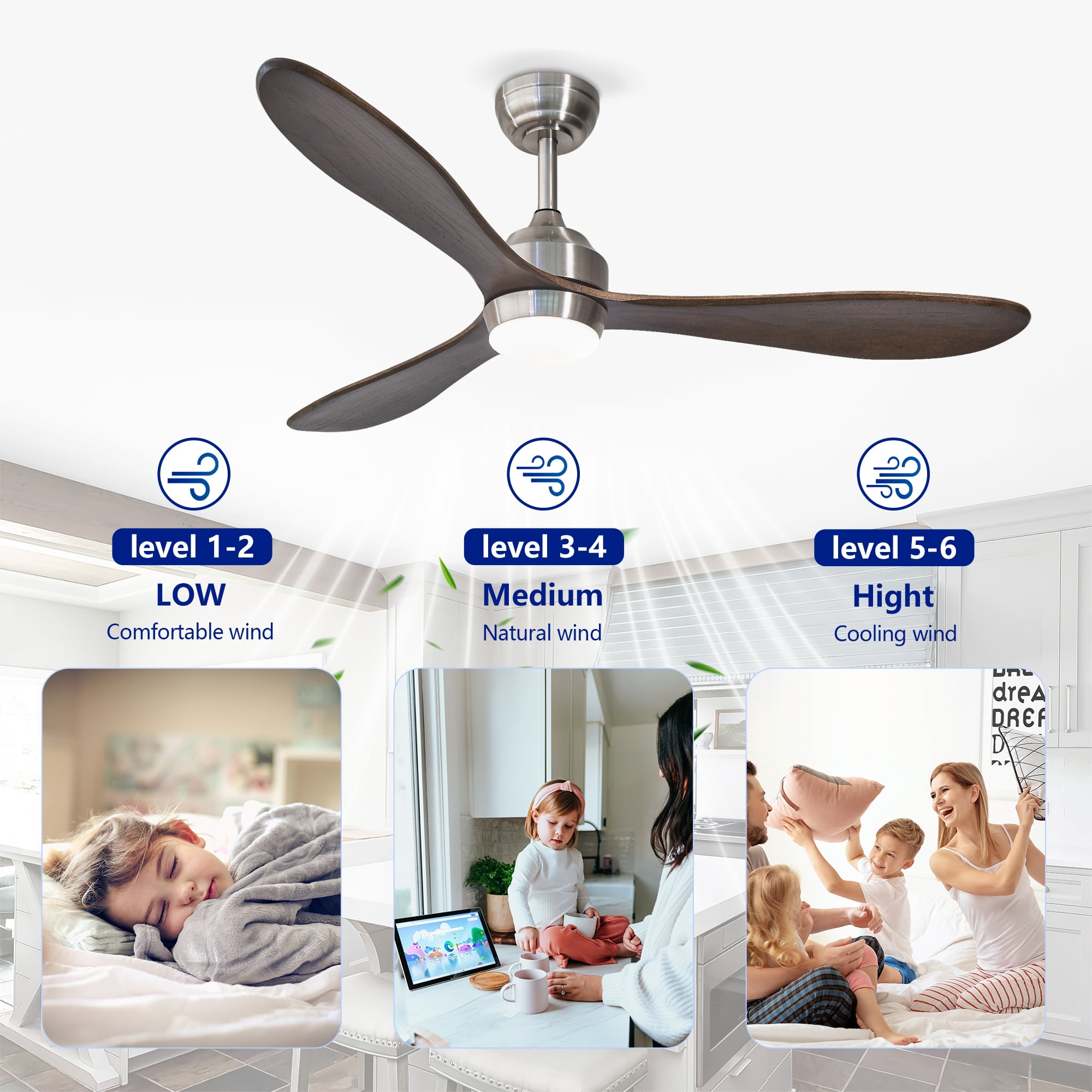 Eowynic 52-Inch Industrial Ceiling Fans with Lights, DC Motor, 6 Speed, Remote Control, 3 Blade,  Nickel