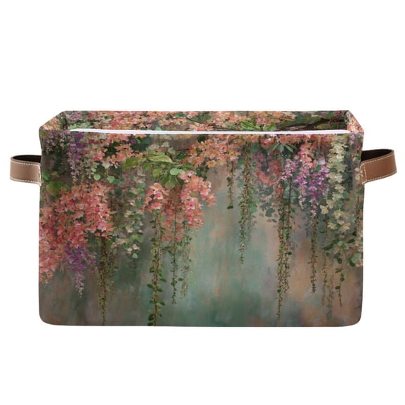 1-Pack Square Closet Organizers with Handles Open Basket Bins Enchanted Flowers Painting Storage Basket for Home Office