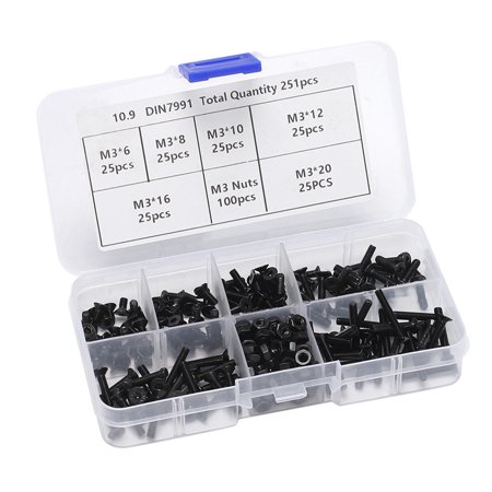 

251 Pcs Hex Socket Screw Nuts Carbon Steel Full Thread Screws Bolt Assortment Kit Cap Head / Sink Head / Flat Head