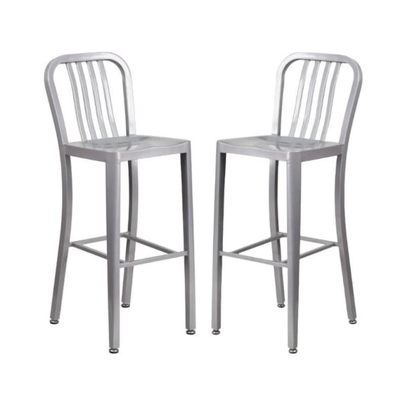 Home Square 30" Metal Vertical Slat Back Bar Stool in Silver - Set of 2