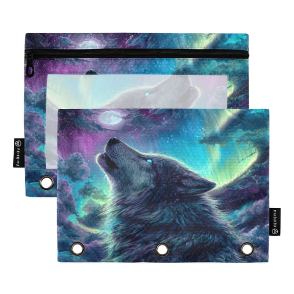 2 Pack 3 Ring Binder Pouch with Clear PVC Window Water Resistant Zipper Pencil Pouch Majestic Wolf Binder Pocket for Classroom Office Home Stationery Organization