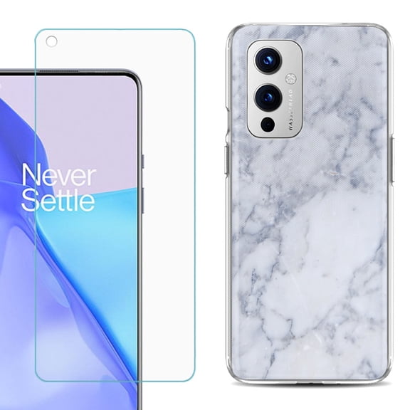 Slim-Fit TPU Phone Case Compatible with OnePlus 9 5G, with Tempered Glass Screen Protector, by OneToughShield ® - Marble / Clouds