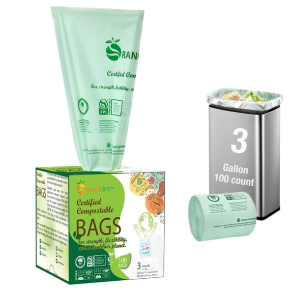 OrangeBio 3 Gallon Compostable Trash Bags, 100 Count, Small Kitchen Bags for Food Waste & Compost, BPI ASTM D6400 & OK Compost Home Certified