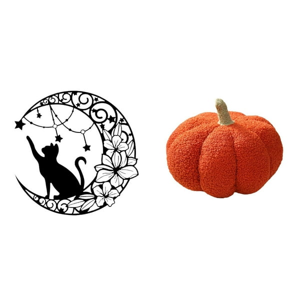 Escultura De Pared De Metal Con Diseño De Gato Negro Místico Y Luna, Y Cojín De Peluche De Calabaza De Halloween Para Sofá, Ideal Para Decorar Dormitorio Y Sala De Estar.