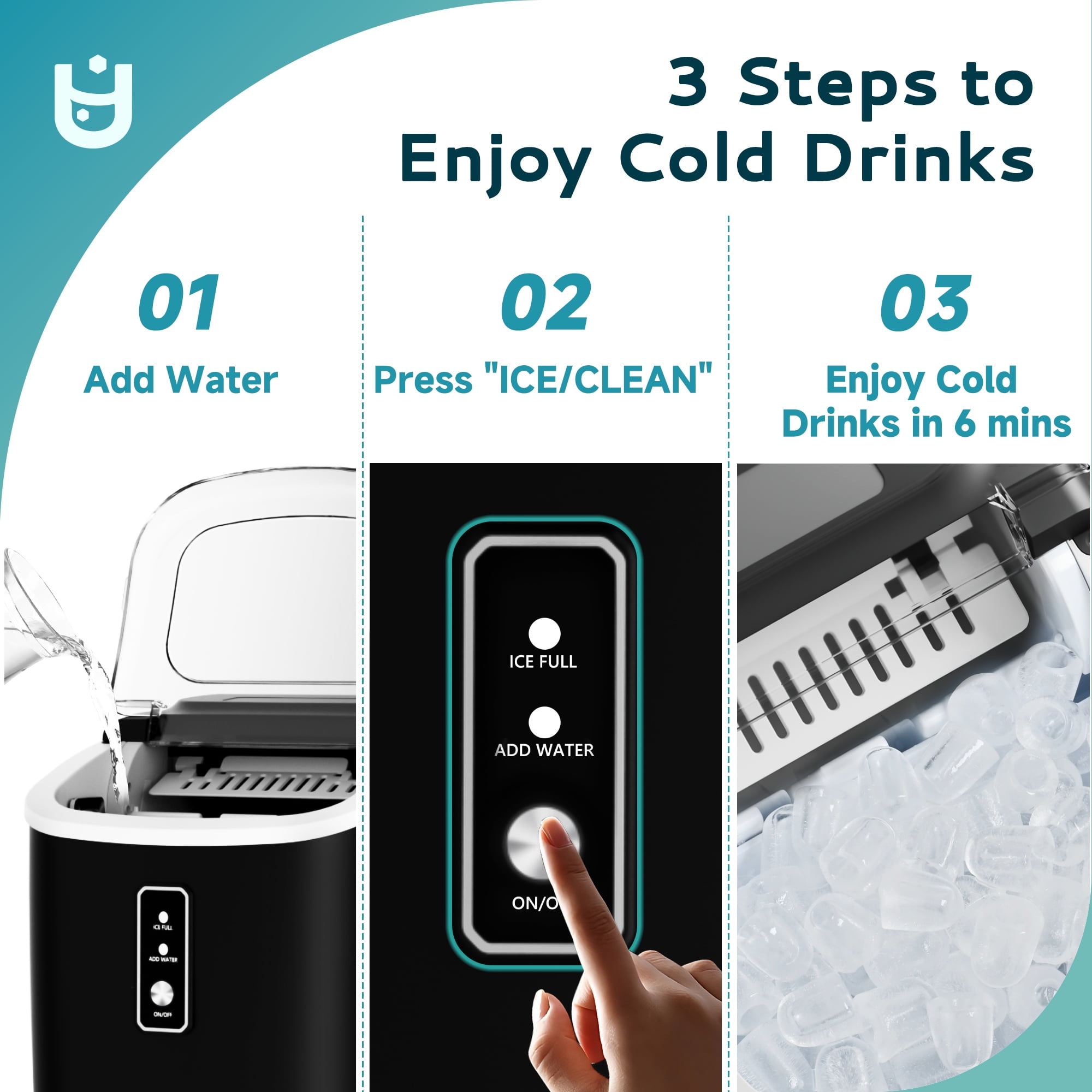 EUHOMY Countertop Ice Maker 26 lbs/Day Portable Self-Cleaning, 9 Bullet Ice in 6 Min, Black