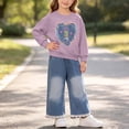 thumbnail image 2 of BLVB Toddler Baby Girl Clothes Fall Winter Baby Girl Outfit Heart Print Crewneck Sweatshirt Wide Leg Jeans Denim Pants Set(Purple,0-1 Years), 2 of 6