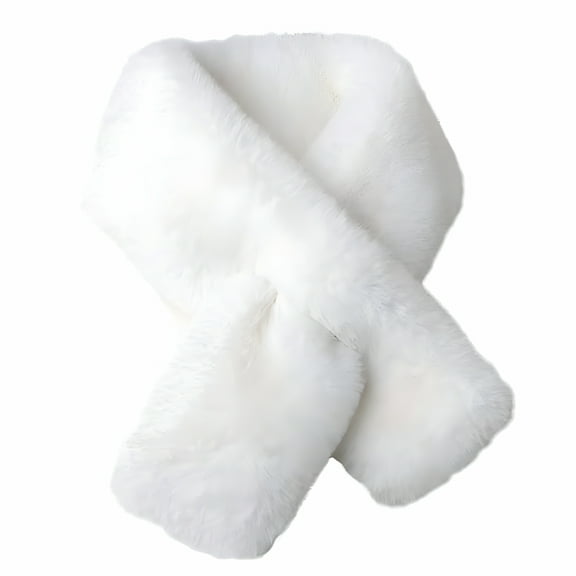 TELOLY Women Winter Warm Thicken Scarfs Solid Color Faux Rabbit Fur Plush Cross Collar Scarf(White)