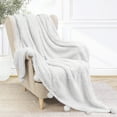 thumbnail image 2 of PAVILIA White Sherpa Throw Blanket with Soft Pom Pom Fringe, Plush Cozy Warm Blankets for Couch Bed Sofa, Fuzzy Fleece Throw with Pompom, Lightweight Fluffy, White 50x60 in, 2 of 7