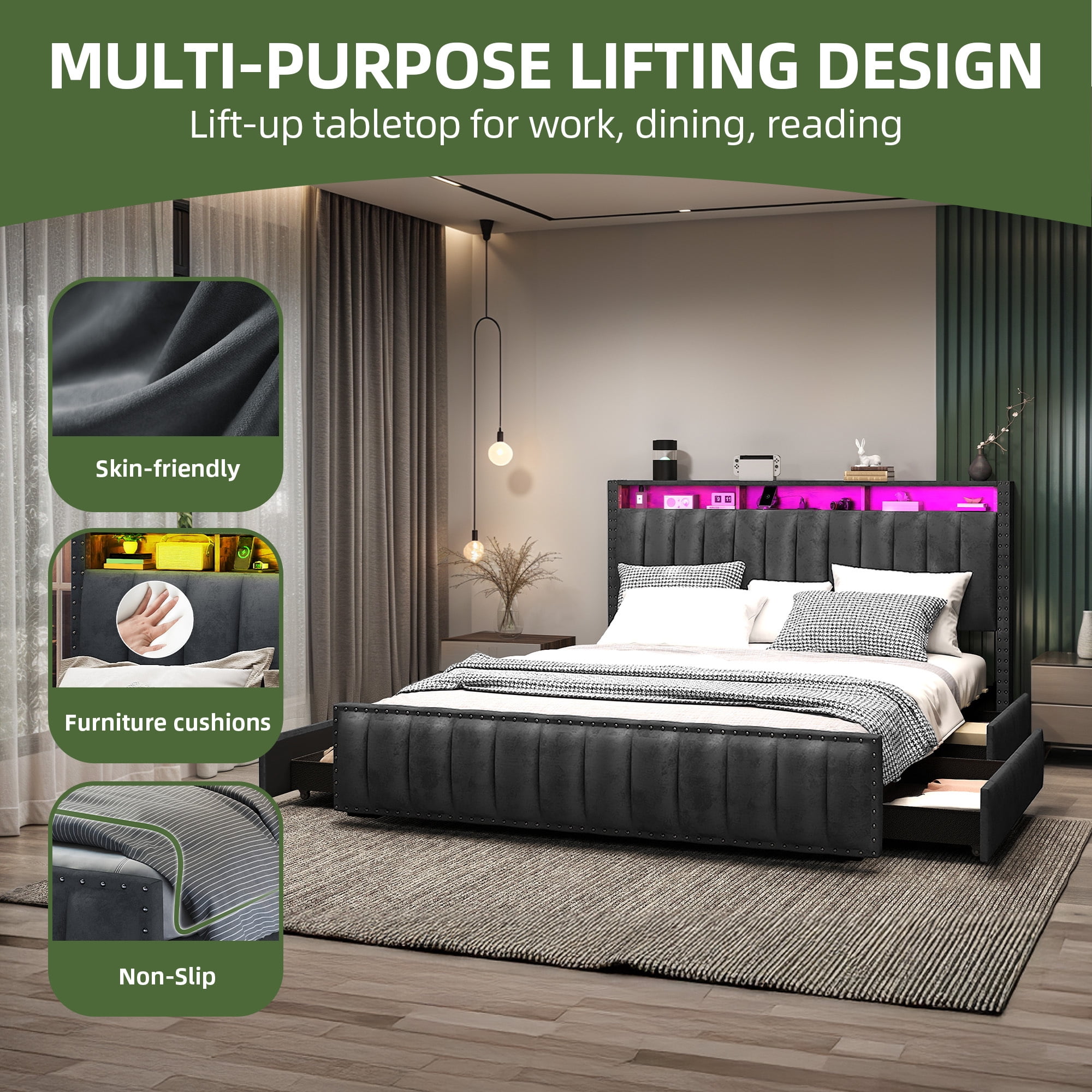 Uforic King Size Storage Bed Frame with Charging Station & Drawers, Platform Bed Frame with Drawers, Gray