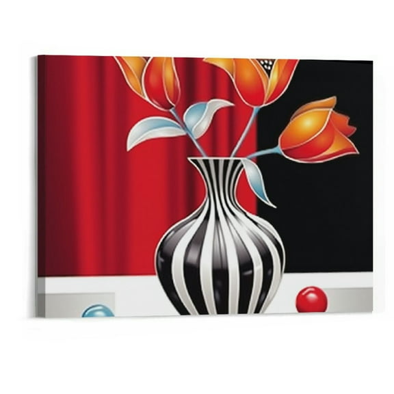 Shiartex  Abstract Red Flower Canvas Wall Art Still Life Canvas Painting Prints Flower on Black and White Vases Picture for Bathroom Hallway Decor Stretched 20x16 Inch