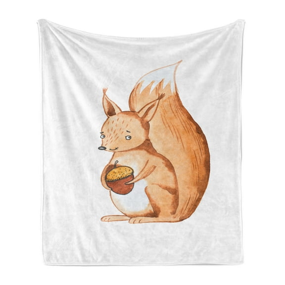 Squirrel Soft Flannel Fleece Throw Blanket, Hand-drawn Style Portrait of Forest Animal Holding an Acorn, Cozy Plush for Indoor and Outdoor Use, 70" x 90", Ginger Pale Brown, by Ambesonne