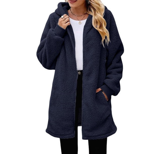 Cárdigan de Larga con Capucha y Cremallera para Mujer, Chaqueta Holgada de Felpa, Chaqueta de Felpa para Mujer Azul Marino L