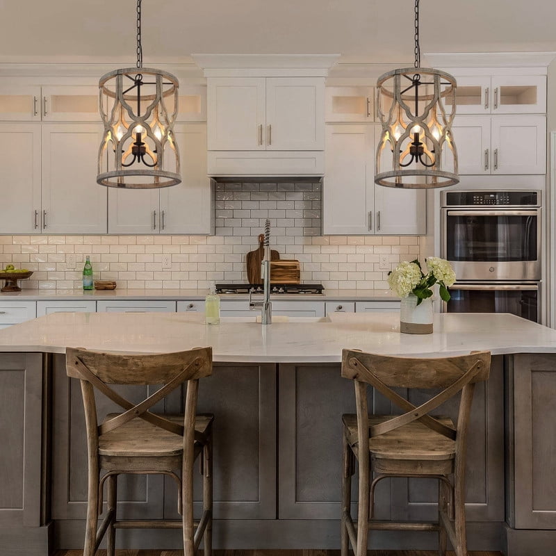 LNC 3-Light Distressed Grayish Wood and Rustic Bronze Cylinder Farmhouse Chandelier