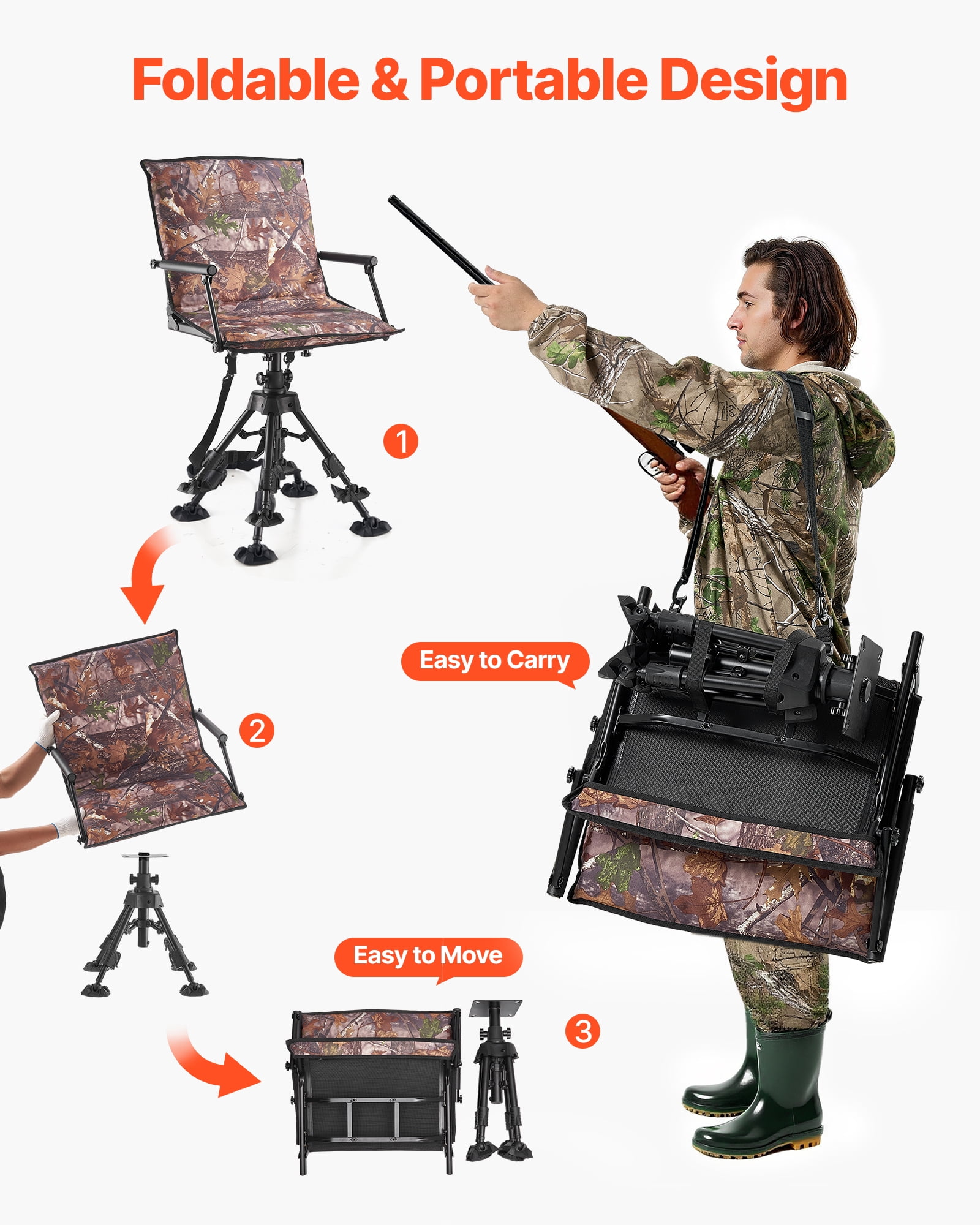 VEVOR Hunting Chair, 360° Silent Swivel, Foldable Portable Blind Chair, Heavy-Duty Steel Frame Ground Stool Seat,with Armrests,Cover,Anti-Sink Feet,Height Adjustable,350 Lbs Capacity for Camping