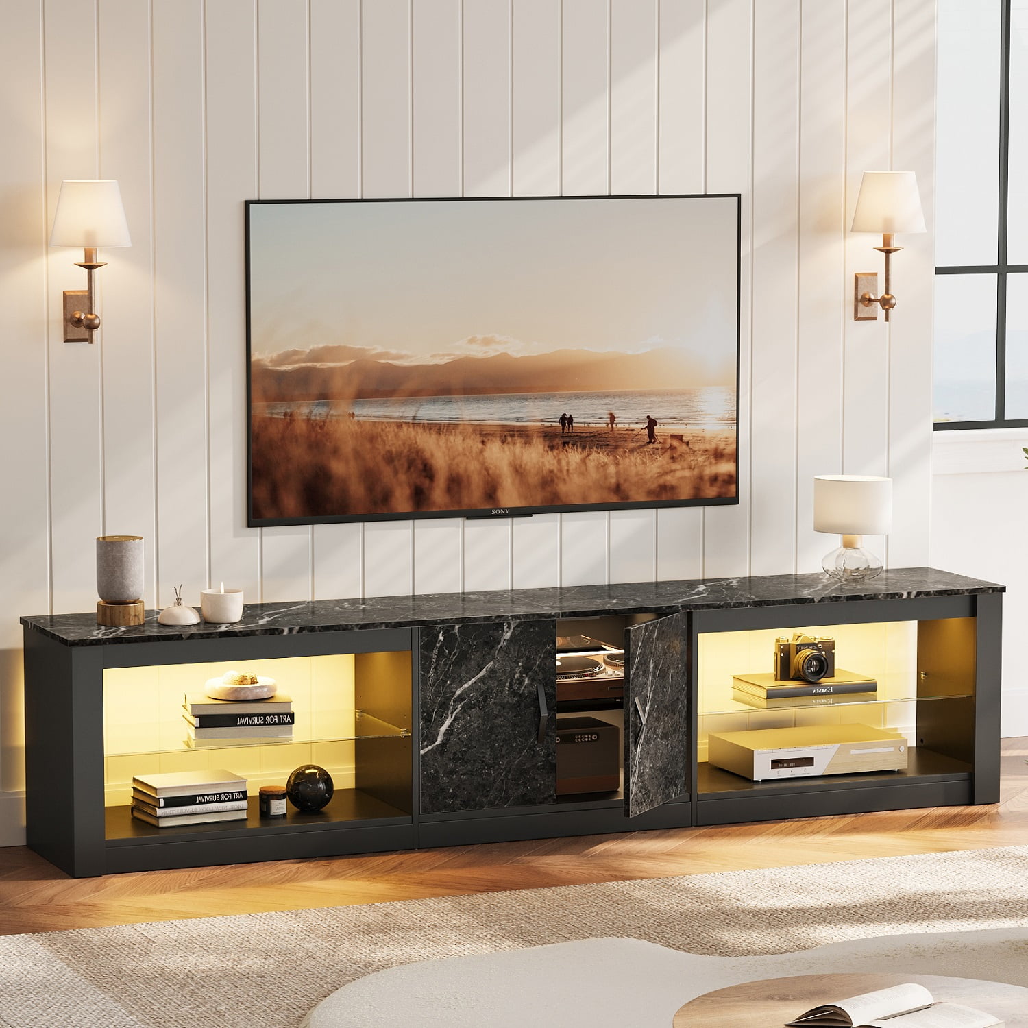 Bestier 80" TV Stand for TVs up to 85" with LED Lights Entertainment Center for Living Room in Black Marble