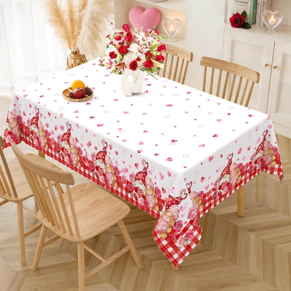 Valentine''s Day Rectangle Tablecloth 60x84 Inch Waterproof Valentines Gnomes Love Heart Tablecloths Washable Table Cloth for Valentine Holiday Party Picnic Dinner Home Decor