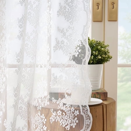 NICETOWN Sheer Lace Curtain 2 Panels Romantic Boho Rod Pocket Floral Sheer Drapes for Living Room & Bedroom, 52"x84", White