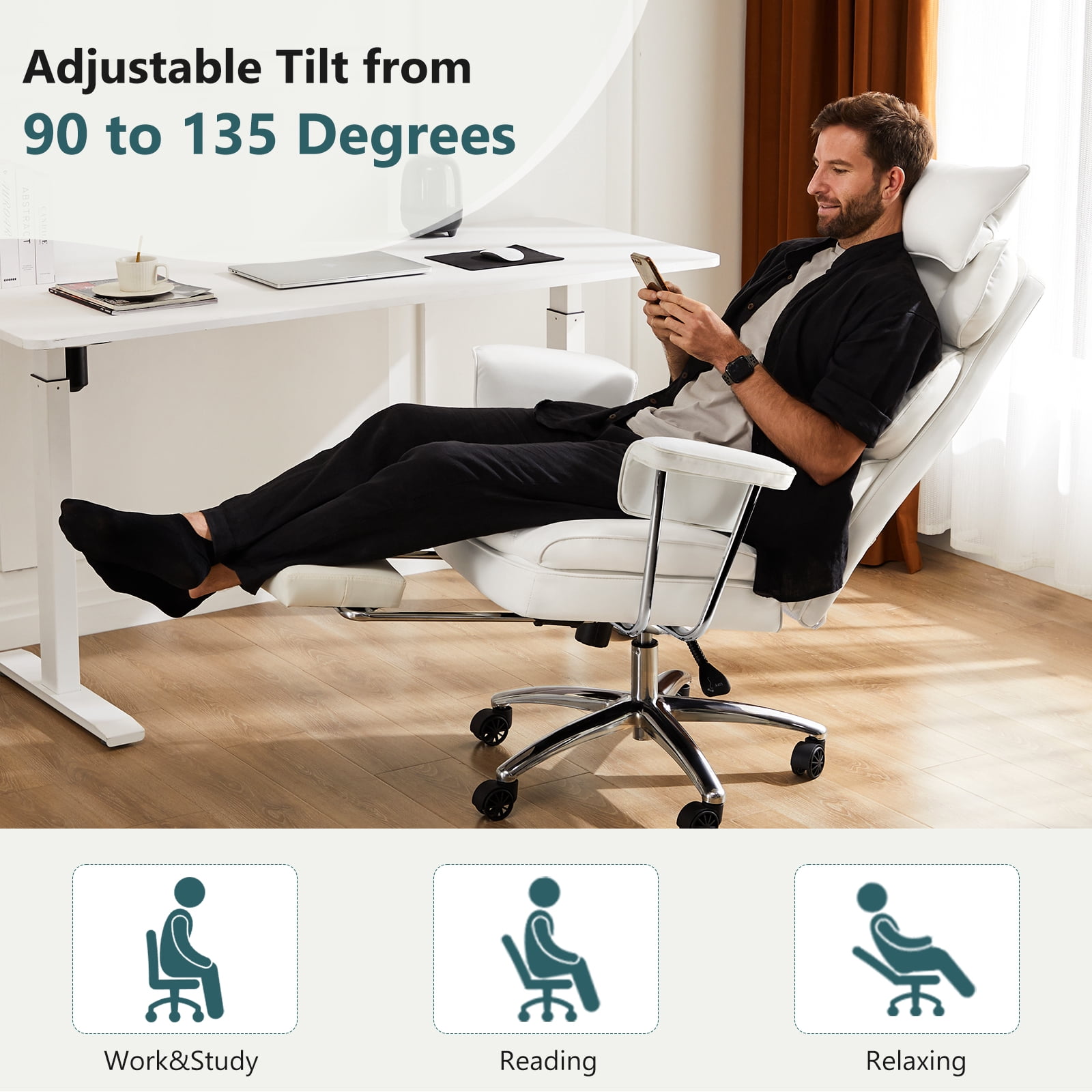 CONCETTA Executive Ergonomic Home Office Chair with Footrest & Lumbar Support, Big Tall High Back, PU Leather, Adjustable & Swivel, White