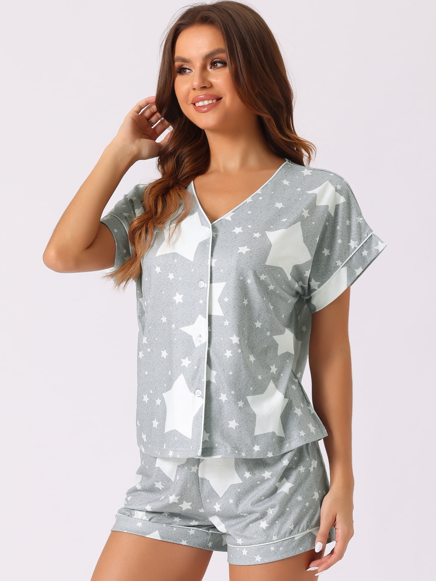 DARING DIVA Women's Button Down Short Sleeve Bridesmaid Soft Modal Pajama Set XS Gray Star