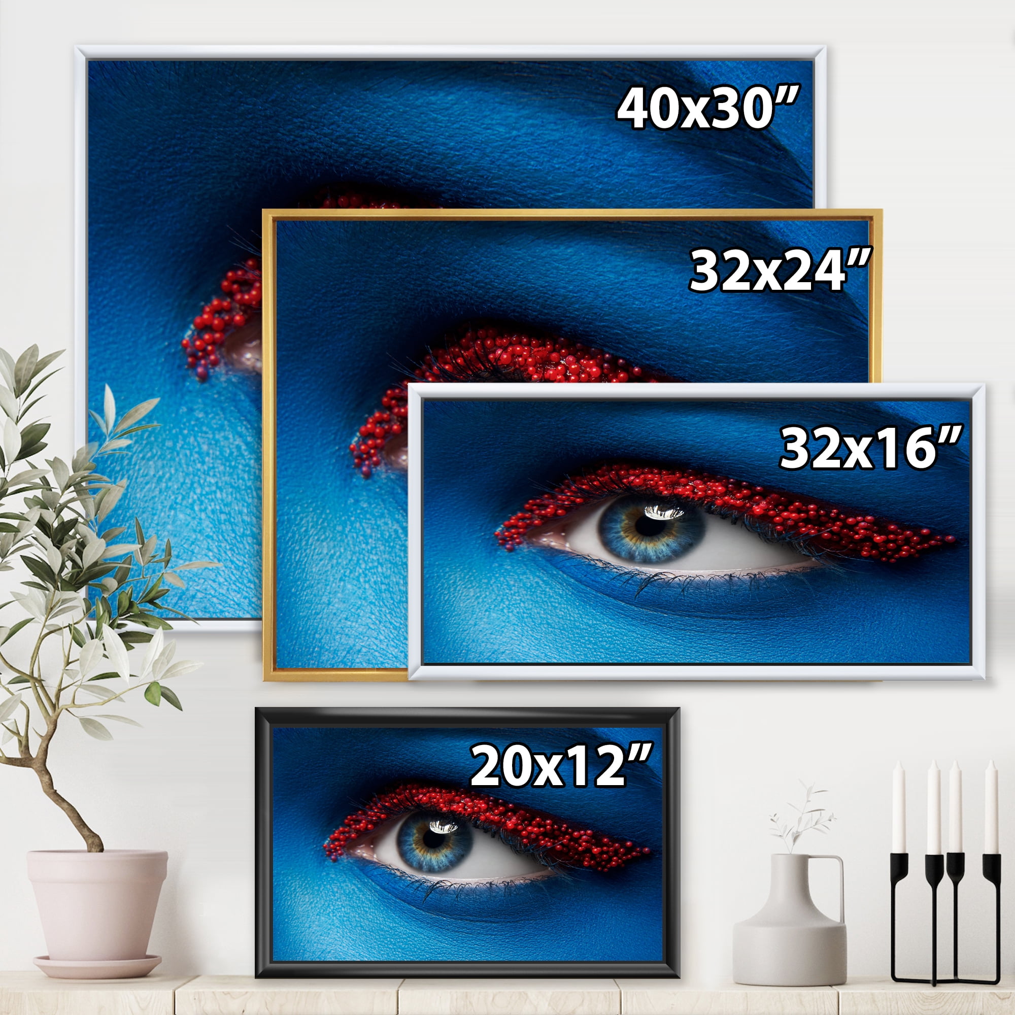 Designart 'Woman Eye With Blue Paint On Face & Red Balls' Modern Framed Canvas Wall Art Print