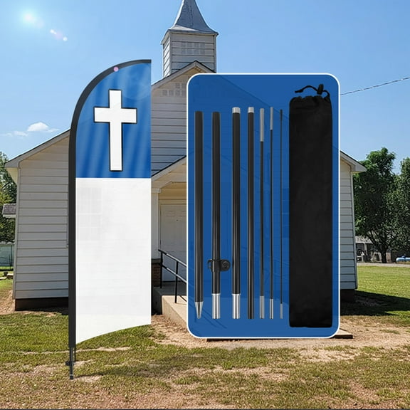 QSUM Christian Religion Sign Feather Flag with Pole Kit,8FT Christian Religion Decoration Display, Christian Religion Business Sign,Christian Religion Swooper Flag