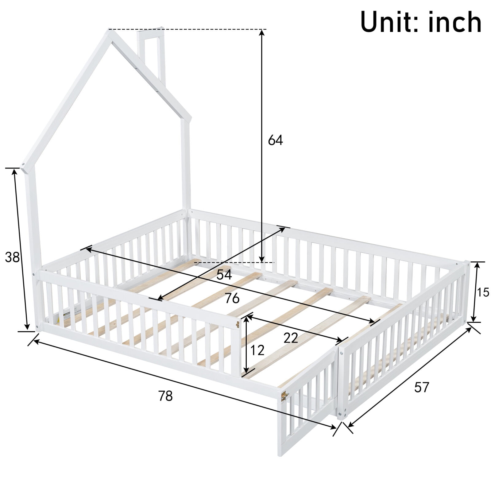 Full Size Floor Bed with Door and Slats,Montessori Floor Bed with Safety Guardrails,House Platform Bed for Girls and Boys,White
