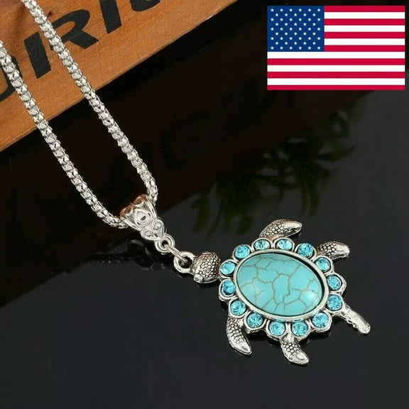 K-KED Boho Silver Sea Turtle Charms Vintage Turquoise Crystal Pendant Necklaces US