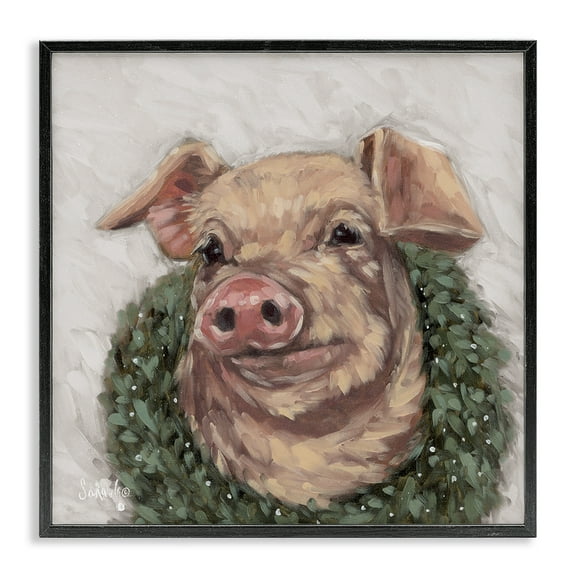 Stupell Industries Pig with Holiday Wreath Holiday Painting Black Framed Art Prints Wall Art, 12 x 12