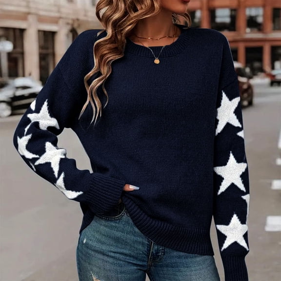 FRSASU Women fashionable and comfortable Sweater Fall Star Pullover Long Sleeve Crewneck Casual Cute Sweaters Tops Blue