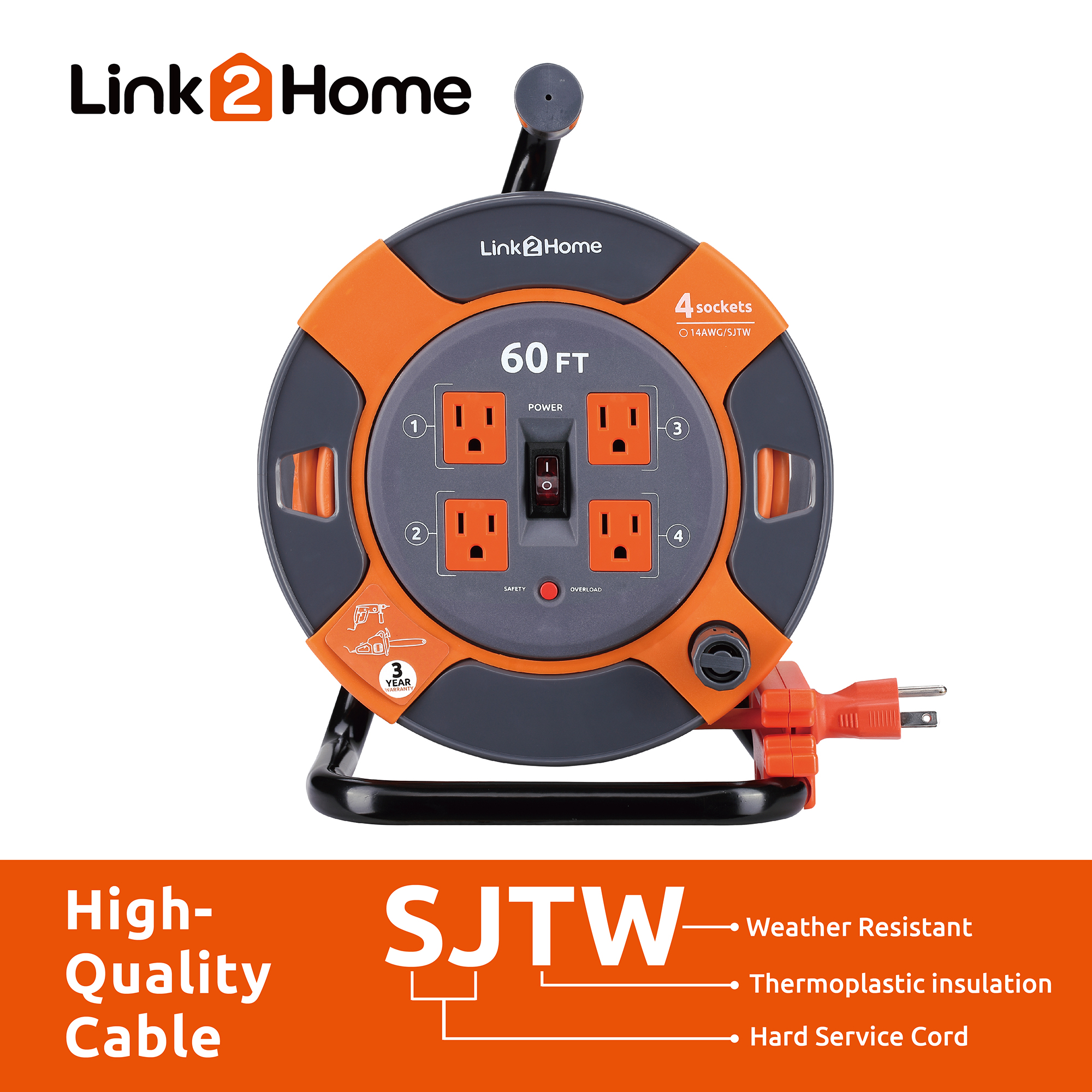 Link2Home 60 Ft Extension Cord Reel with 4 Outlets photo 2