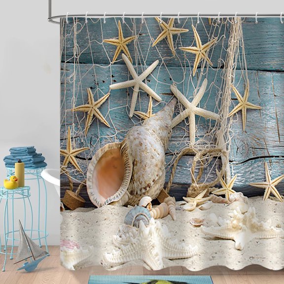 GOOESING Beach Shower Curtain, Seashell Starfish Beach Theme Teal Blue Wood Bathroom Curtain Waterproof Washable with Hooks